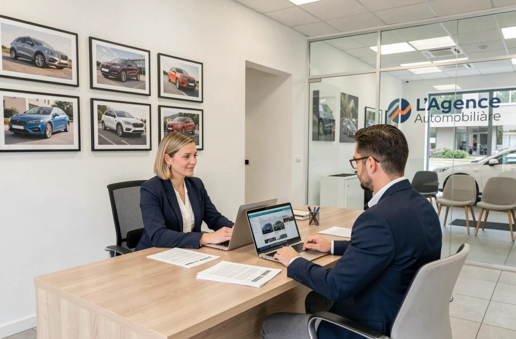 Conseillère de L'Agence Automobilière de Saint-Malo présentant des véhicules à un client dans les bureaux