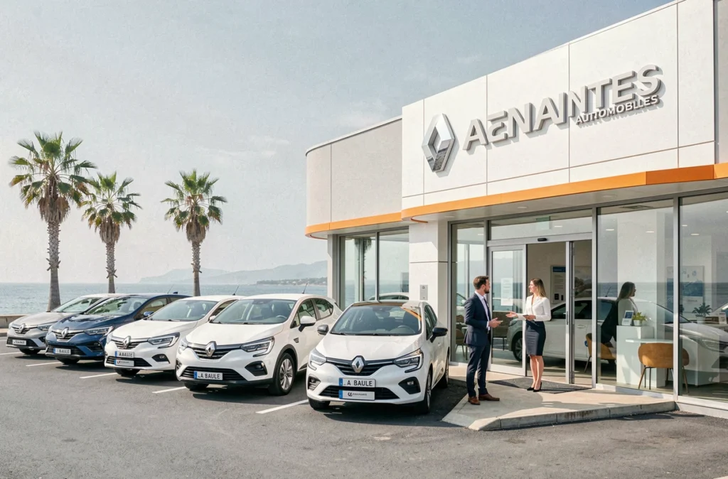 Concession Renault Atlantes Automobiles à La Baule avec une conseillère accueillant un client en façade