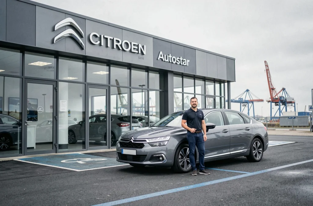 Concession Citroën Autostar à Saint-Nazaire avec un commercial devant un véhicule sur le parvis