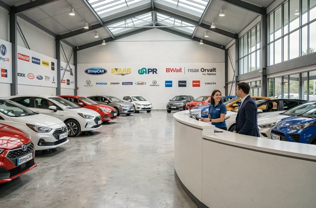 Showroom multi-marques BYmyCAR à Orvault avec une hôtesse d'accueil et un client au bureau