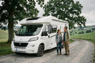 Couple inspectant un camping car Adria d'occasion garé sur une route de campagne verdoyante
