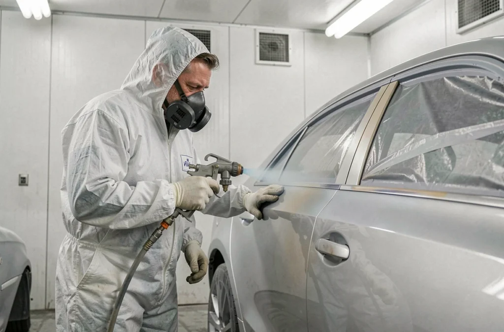 Carrossier de la Carrosserie Fecelier Julien appliquant de la peinture sur une portière en cabine de peinture