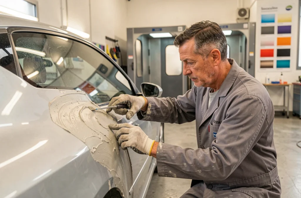 Carrossier spécialisé appliquant du mastic sur la carrosserie d'un véhicule au garage Carrosserie Silvano à Yzeure