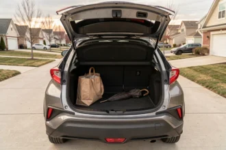 Coffre ouvert d'une Toyota C-HR avec sac de courses et parapluie pour illustrer le volume de chargement