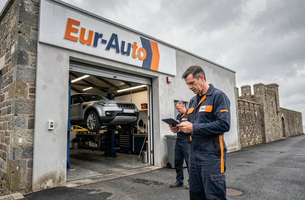 Mécanicien d'Eur-Auto Saint-Malo inspectant un véhicule sur pont élévateur près des remparts bretons