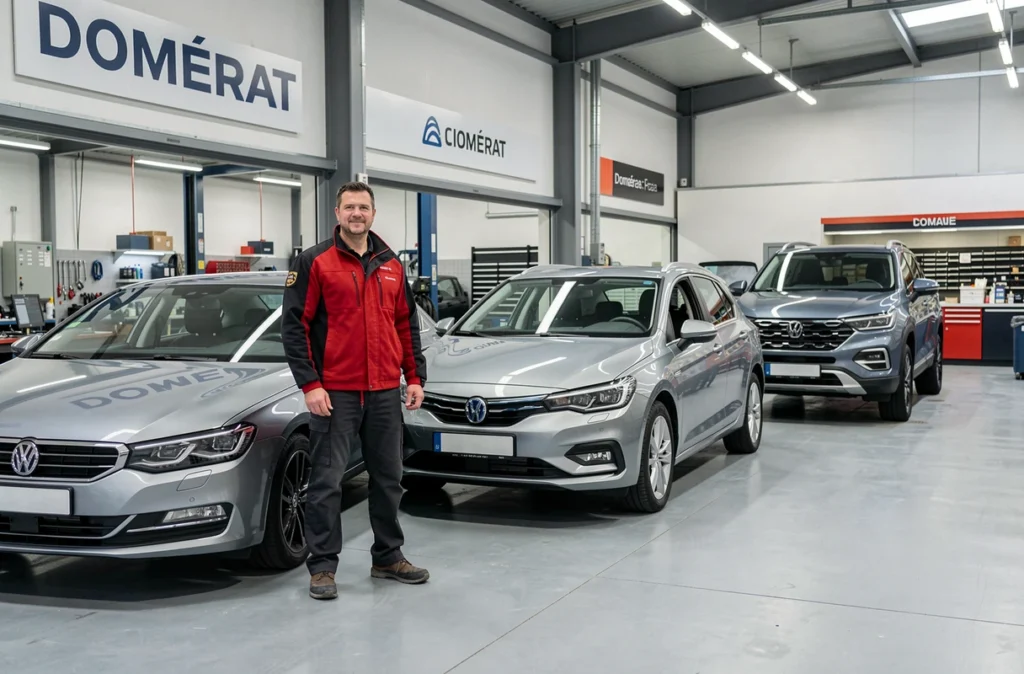 Mécanicien devant plusieurs véhicules de marques différentes dans l'atelier multimarque Garage Alu Francesco à Domérat