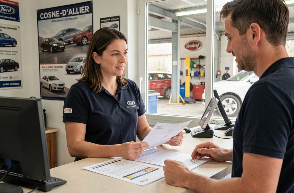 Conseillère de service accueillant un client au comptoir du Garage du Champ de Foire à Cosne-d'Allier