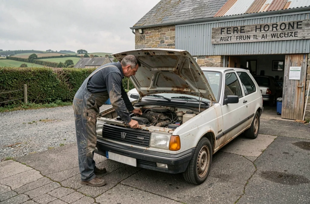 Mécanicien du Garage du Mesnil réparant un véhicule dans un garage rural en Ille-et-Vilaine