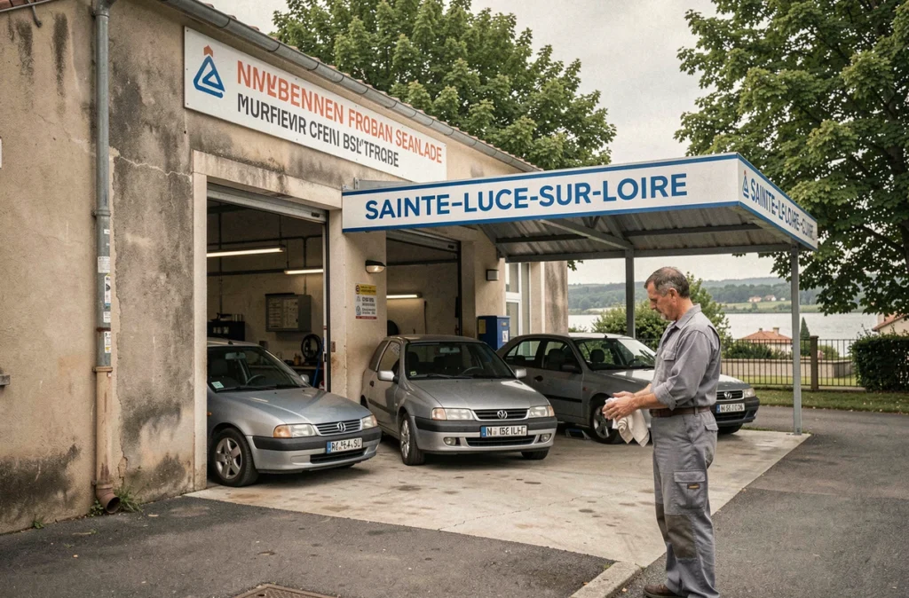 Façade du Garage Dutertre à Sainte-Luce-sur-Loire avec un mécanicien devant l'entrée de l'atelier