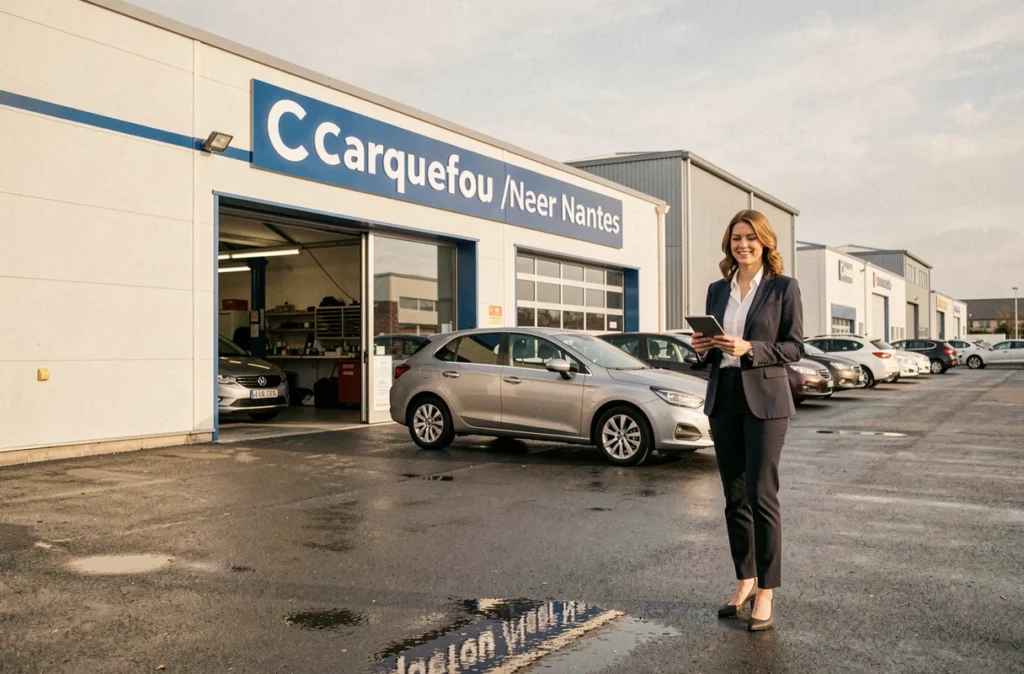 Concession du Garage Thibault à Carquefou avec une conseillère commerciale sur le parvis