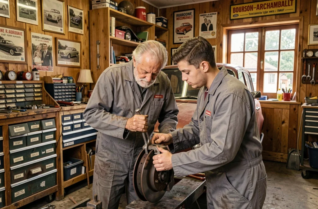Père et fils mécaniciens travaillant ensemble sur les freins d'un véhicule au Garage Trecul Père et Fils à Bourbon-l'Archambault