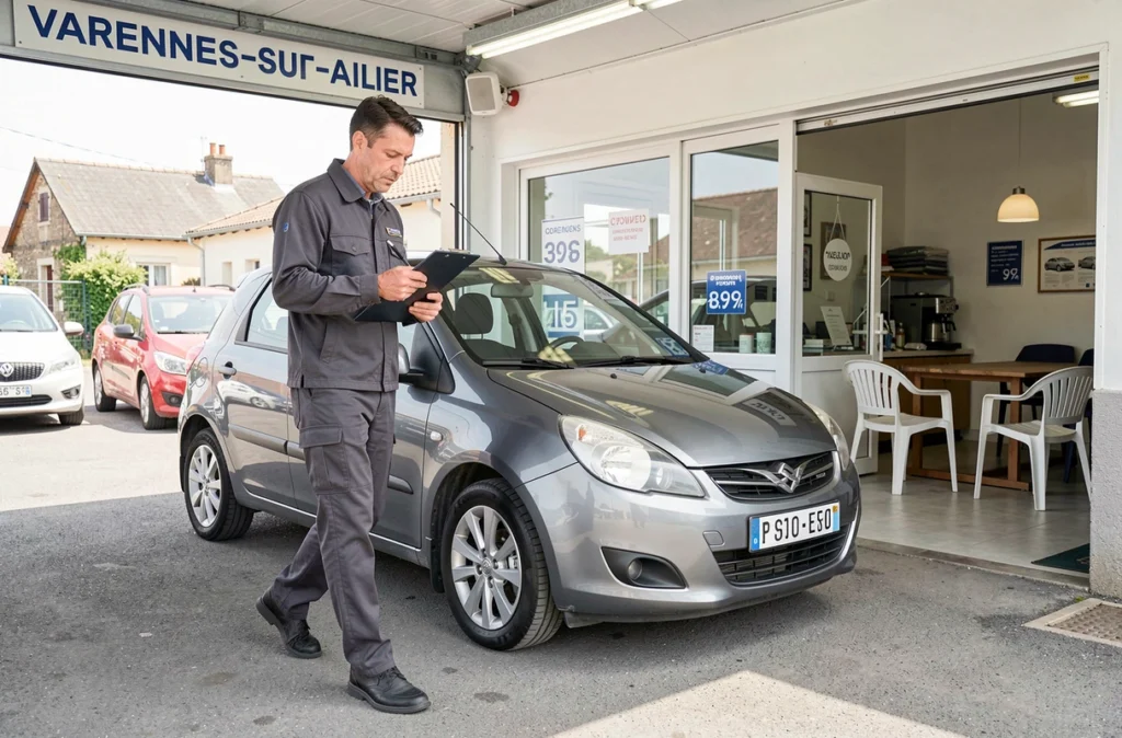 Professionnel automobile inspectant un véhicule d'occasion avec une fiche de contrôle chez Gazur Automobile à Varennes-sur-Allier
