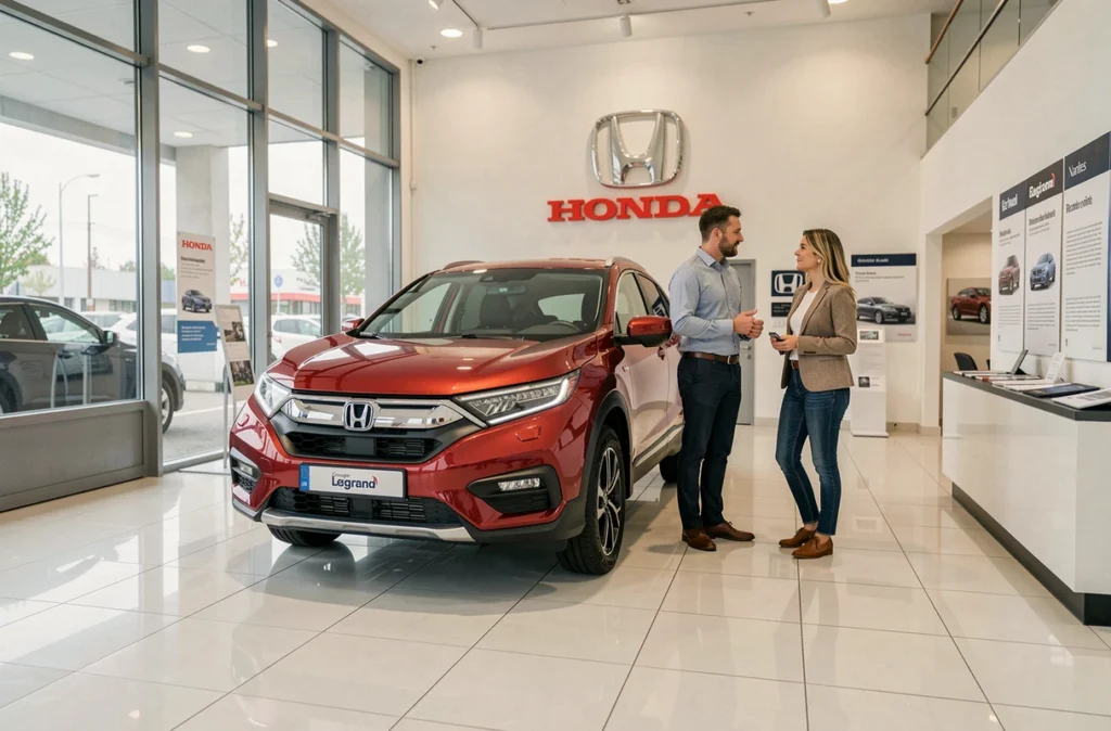 Showroom Honda du Groupe Legrand à Nantes avec un conseiller et des clients devant un SUV rouge