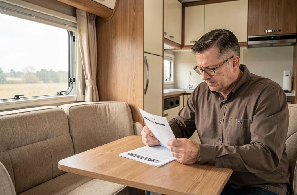 Intérieur d'un camping car Adria d'occasion avec un homme vérifiant le carnet d'entretien