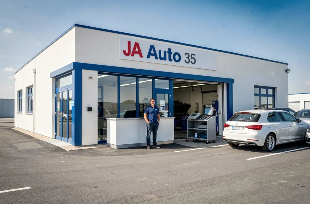 Façade moderne du garage JA Auto 35 avec conseiller client et véhicules en service