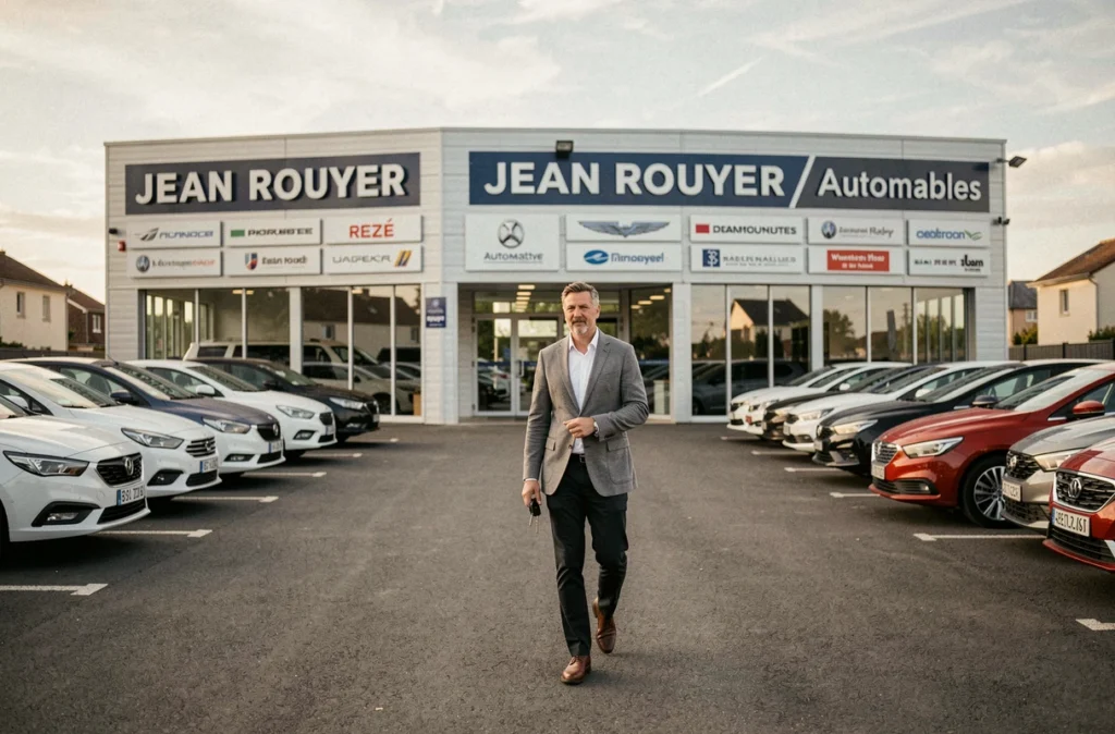 Façade de Jean Rouyer Automobiles à Rezé avec un directeur commercial traversant le parc de véhicules