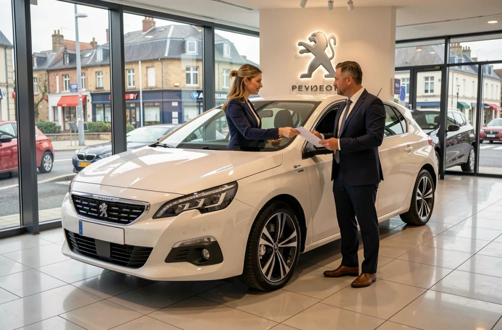 Salle d'exposition Peugeot de Mary Automobiles à Nantes avec une conseillère et un client