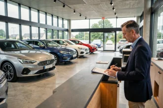 Intérieur d'une salle d'exposition de concessionnaire automobile en Loire-Atlantique avec plusieurs véhicules neufs et un conseiller commercial