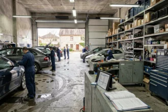Vue intérieure d'un garage automobile dans l'Allier avec plusieurs véhicules en réparation et des mécaniciens au travail