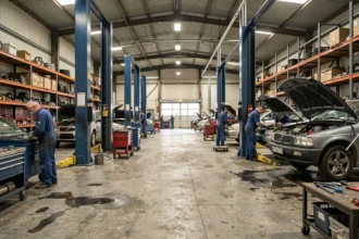 Vue d'ensemble d'un garage automobile professionnel en Ille-et-Vilaine avec plusieurs mécaniciens au travail