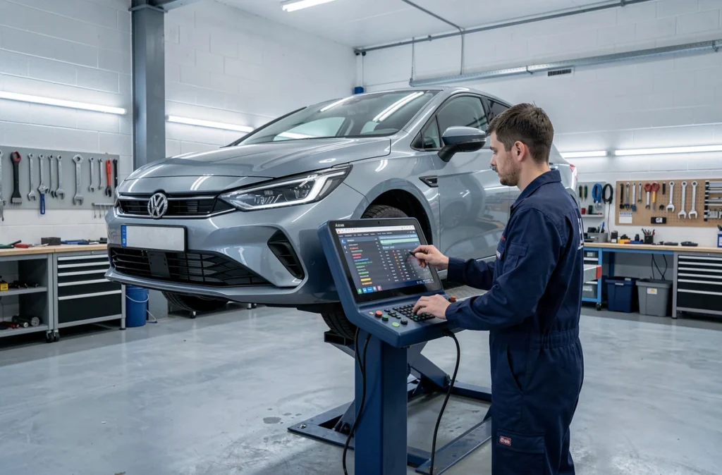 Mécanicien utilisant un outil de diagnostic connecté à un véhicule sur un pont élévateur au Modern Garage de Montluçon