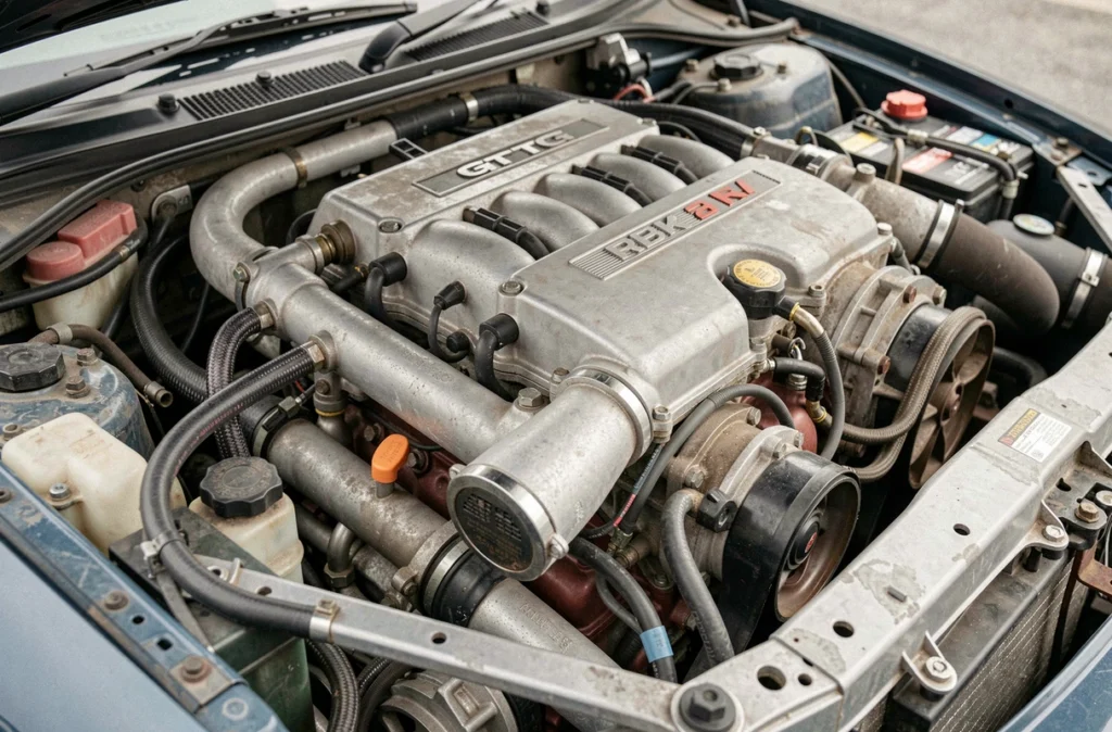 Détail du moteur RB26DETT de la Nissan Skyline GT-R R34 en état de conservation d'origine