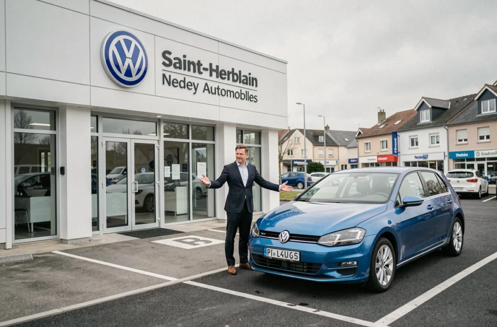 Concession Volkswagen Nedey Automobiles à Saint-Herblain avec un conseiller devant une Golf bleue