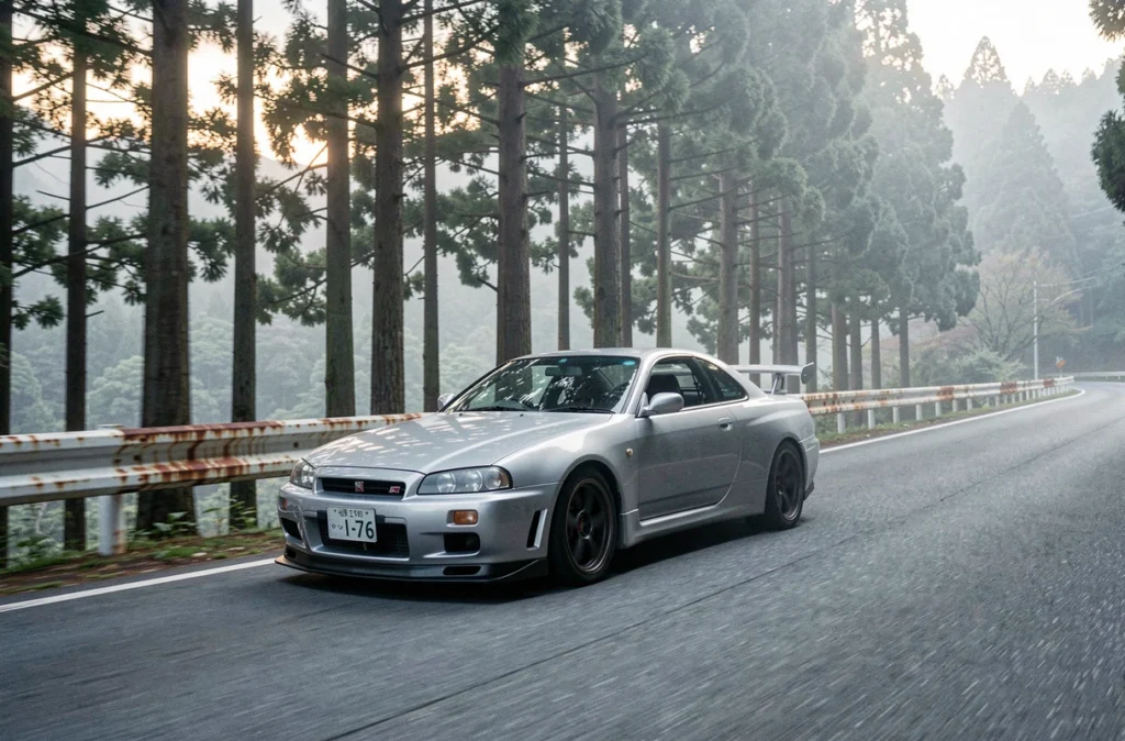 Skyline GT-R R34 argentée sur une route de montagne japonaise au petit matin dans la brume
