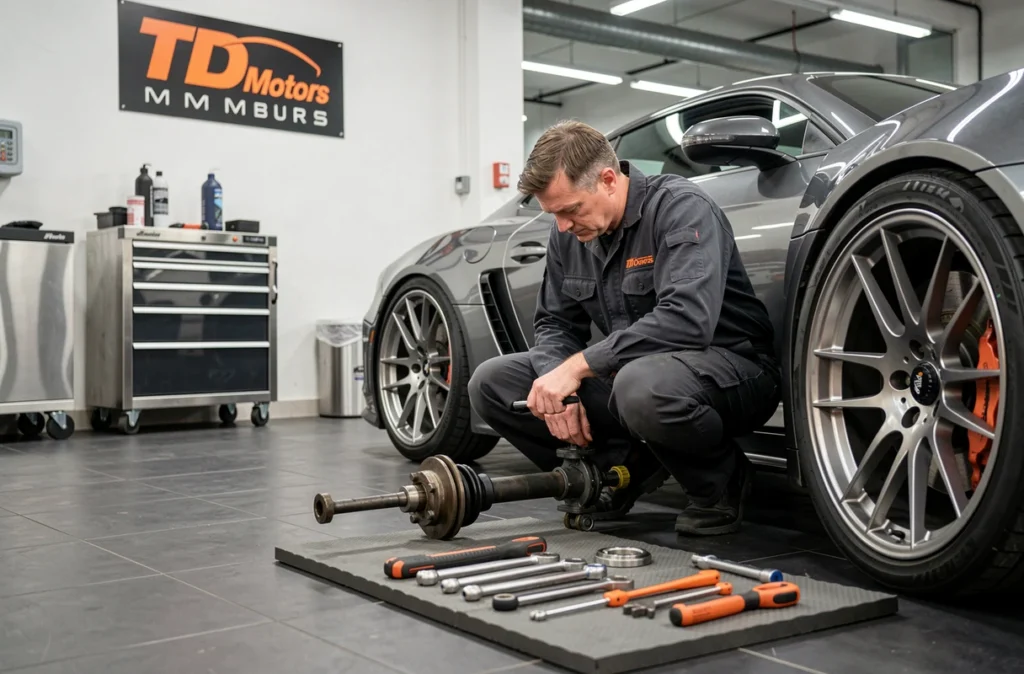 Technicien de TD Motors examinant la suspension d'un véhicule de sport dans un atelier moderne