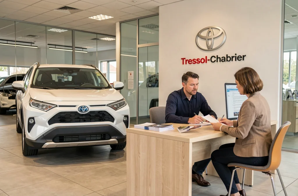 Concession Toyota Tressol-Chabrier à Nantes avec un conseiller et une cliente autour d'un RAV4 Hybrid