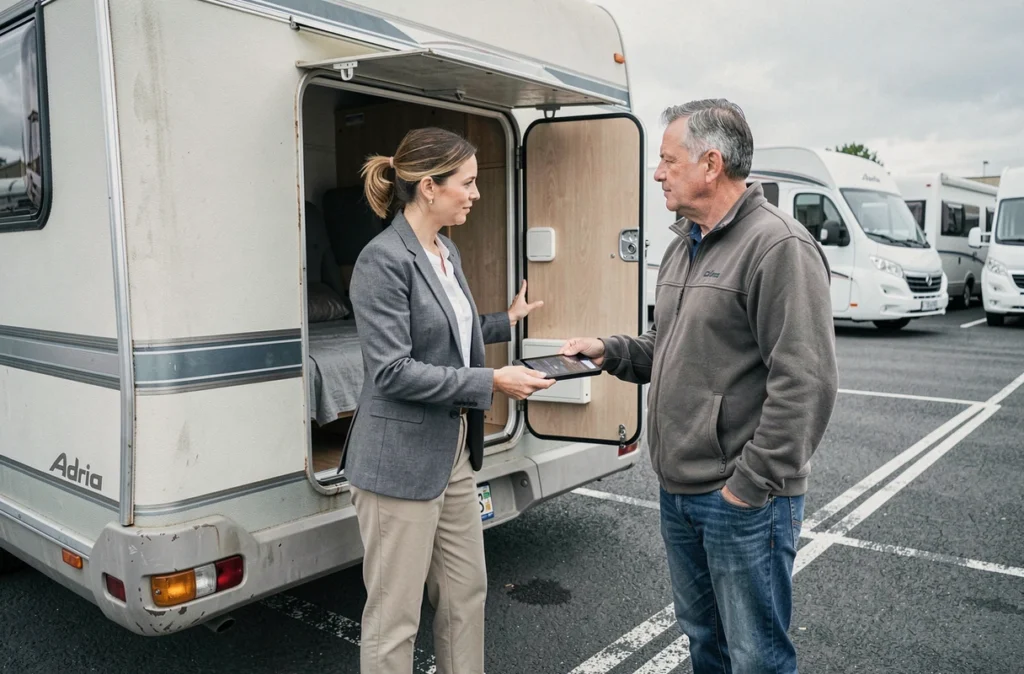 Conseillère montrant le compartiment de rangement d'un camping car Adria occasion à un acheteur dans un parc de véhicules