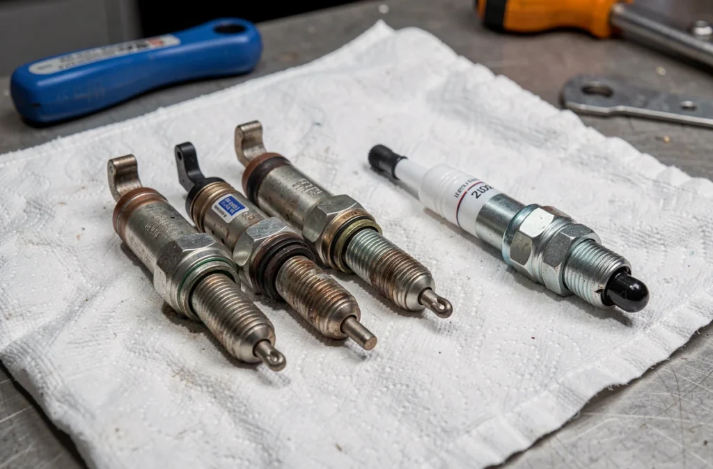 Bougies de préchauffage usagées à côté d'une bougie neuve