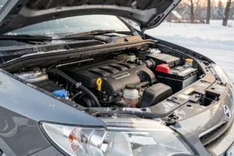 Compartiment moteur d'un diesel par un matin d'hiver