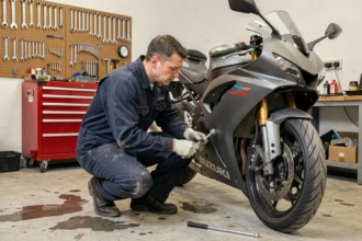 Mécanicien préparant une Suzuki GSX-R 600 pour la piste dans un garage DIY avec des outils de mécanique moto