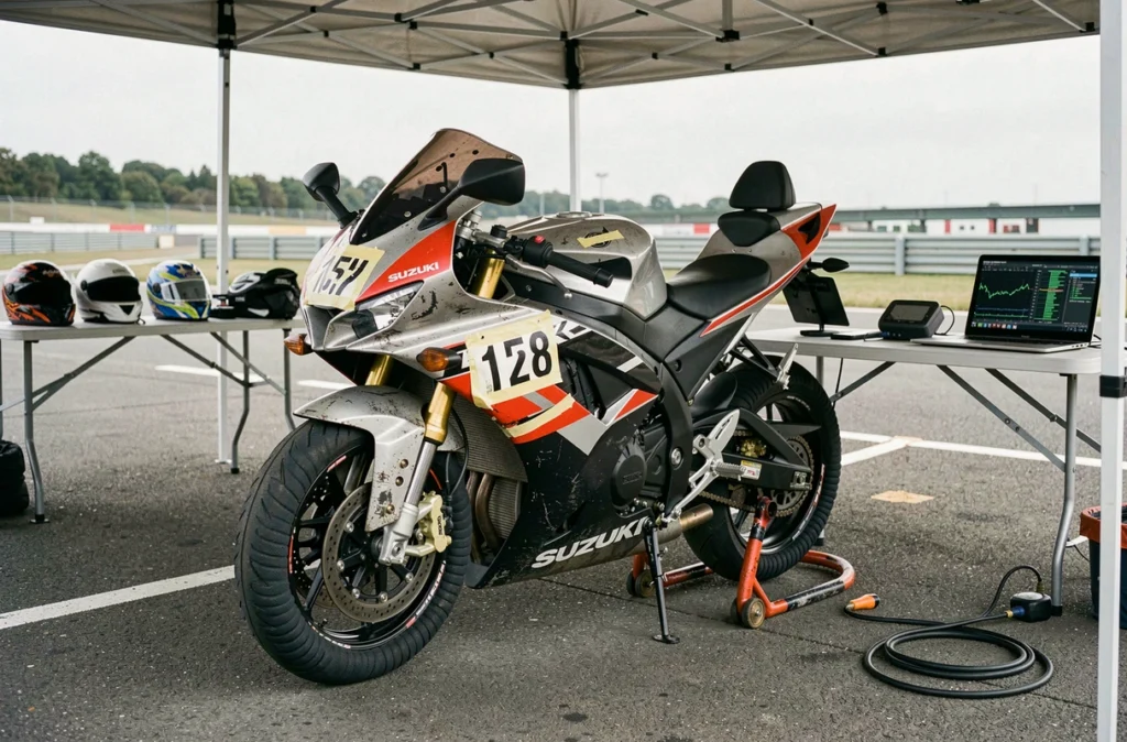 Suzuki GSX-R 600 préparée pour une journée piste dans un paddock de circuit avec chauffe-pneus et équipement de course économique